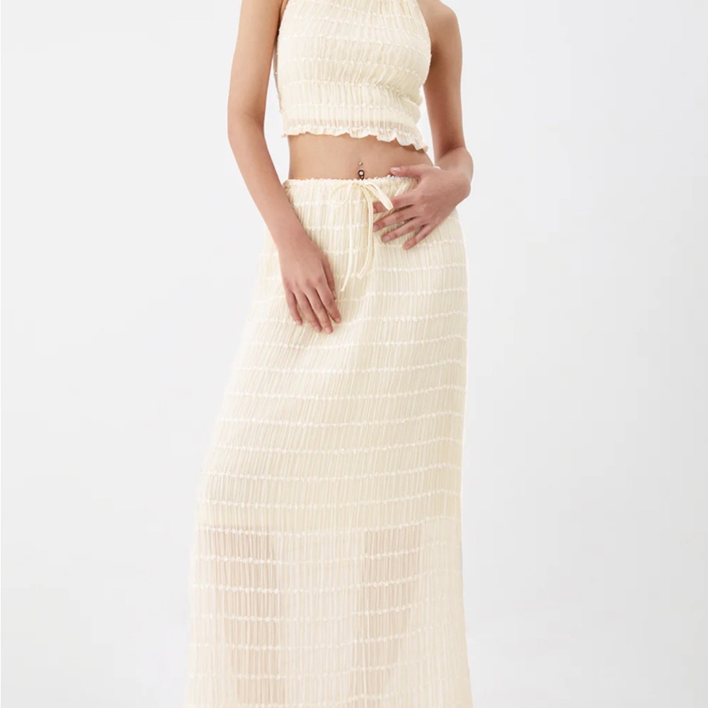 Commense Cream Set Backless Halter Top With Pleated Maxi Skirt